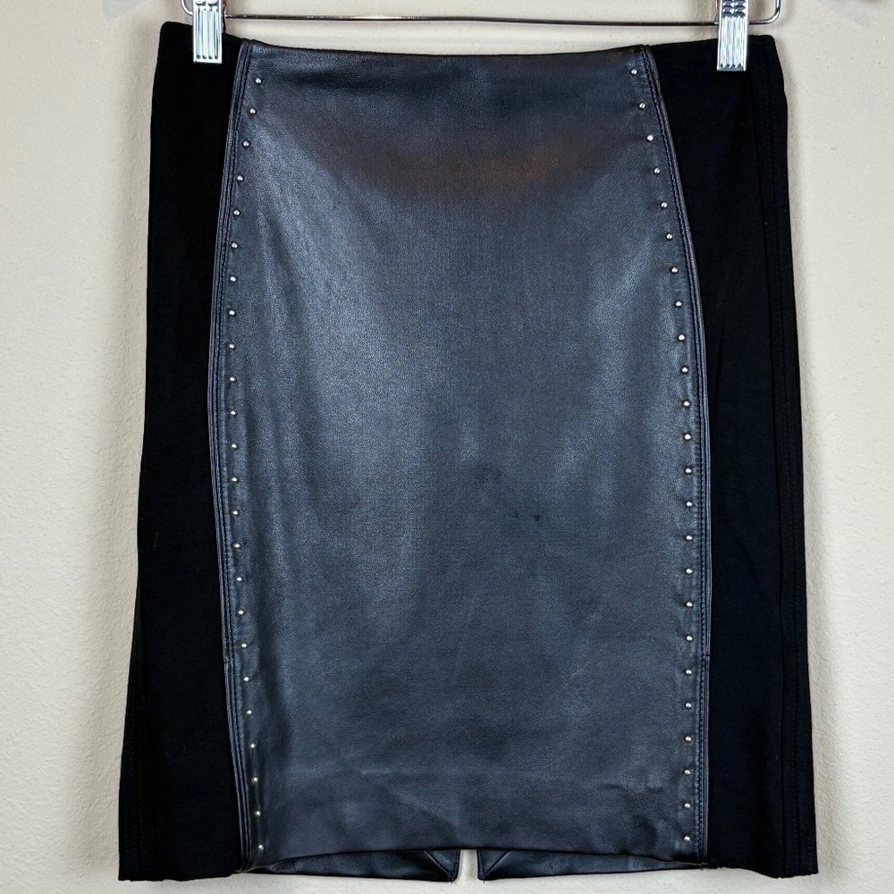 White House Black Market Black Genuine Leather Mini Pencil Skirt w/ Stud Accents